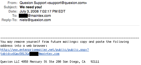 Quexion's blank email message